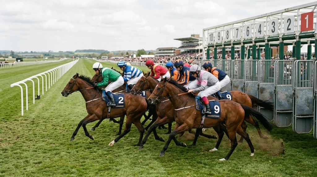 Three-year-old colts breaking from the stalls on the Rowley Mile during the 2000 Guineas at Newmarket