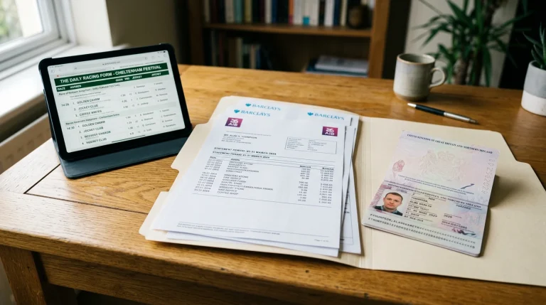 A folder of bank statements and identification documents on a desk next to a tablet showing a horse racing market