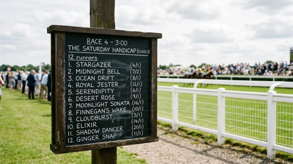 Trackside betting board at a UK racecourse showing morning prices on a Saturday handicap card