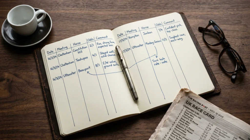 Handwritten bet journal page with race form notes, fractional odds and stake decisions for UK horse racing