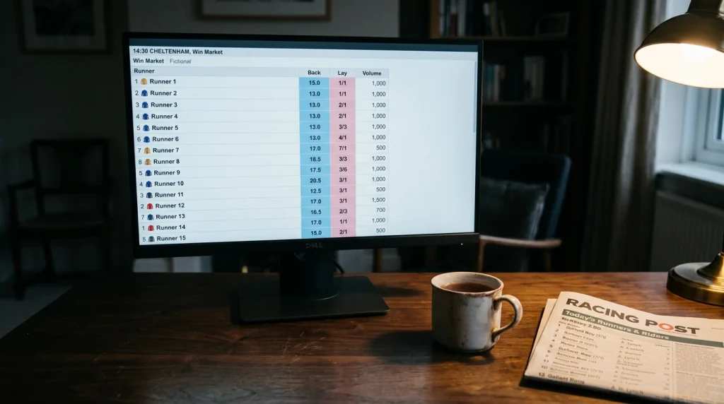 A trading screen displaying horse racing exchange markets with back and lay prices and matched volumes