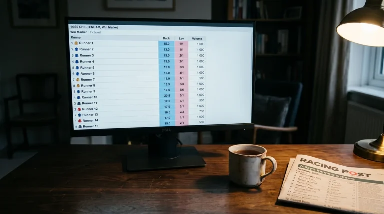 A trading screen displaying horse racing exchange markets with back and lay prices and matched volumes
