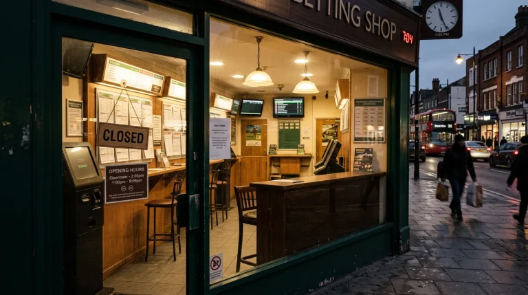 Empty UK betting shop interior at dusk with closed sign visible on the high street
