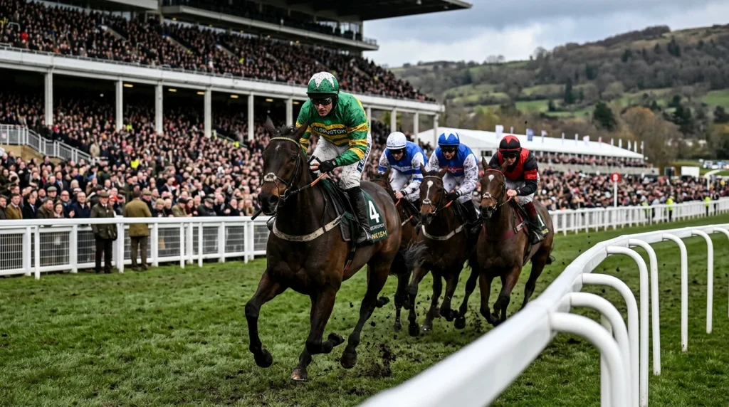 Packed grandstand at the Cheltenham Festival on Gold Cup day with runners passing the post in the foreground
