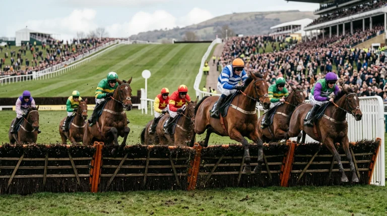 Cheltenham Gold Cup field jumping the last fence with the hill to the finish visible