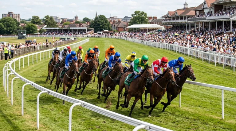 Tight bend on the Chester racecourse with thoroughbreds rounding the turn at speed