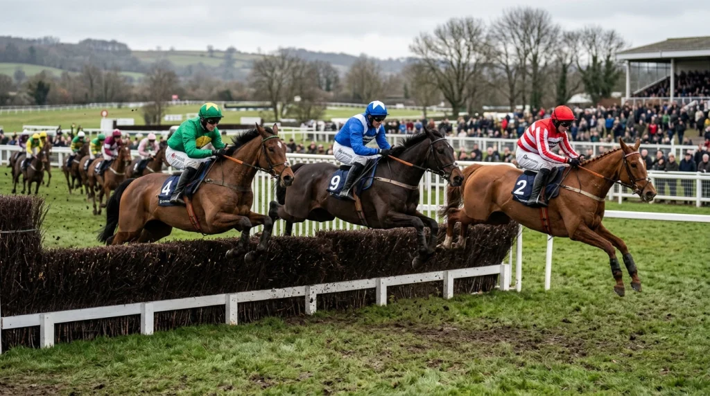 Three thoroughbred racehorses jumping the open ditch together in a UK steeplechase