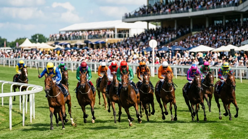Field of twelve thoroughbred racehorses in mid-race in a UK handicap with stands visible behind
