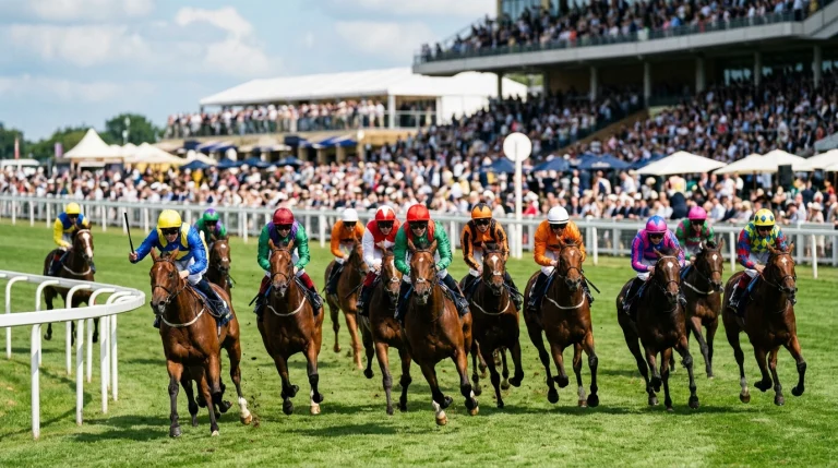 Field of twelve thoroughbred racehorses in mid-race in a UK handicap with stands visible behind