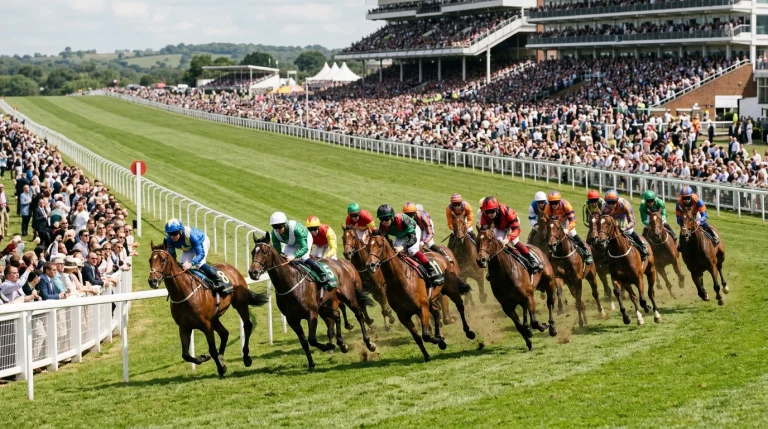 Three-year-old thoroughbred colts rounding Tattenham Corner during the Epsom Derby