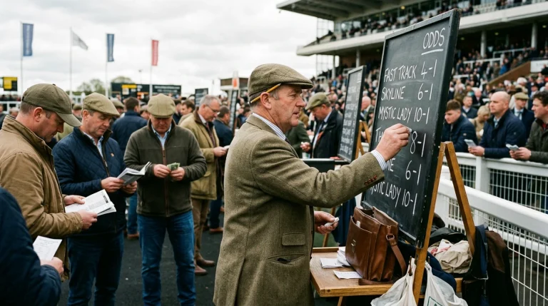 Bookmaker on a UK racecourse betting ring chalking prices on a board with punters approaching