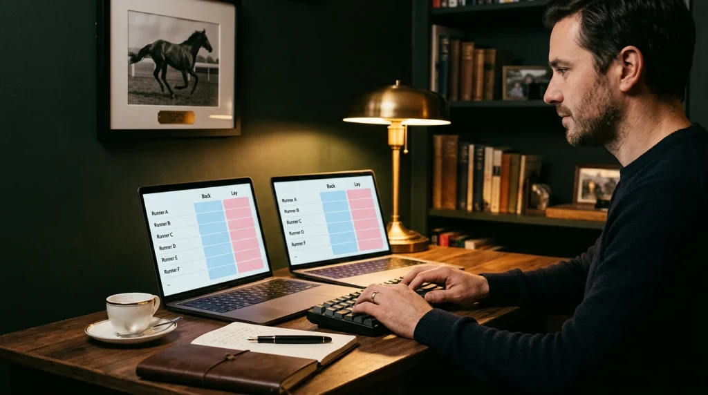 Punter laying a UK horse racing market on a betting exchange interface across two laptop screens