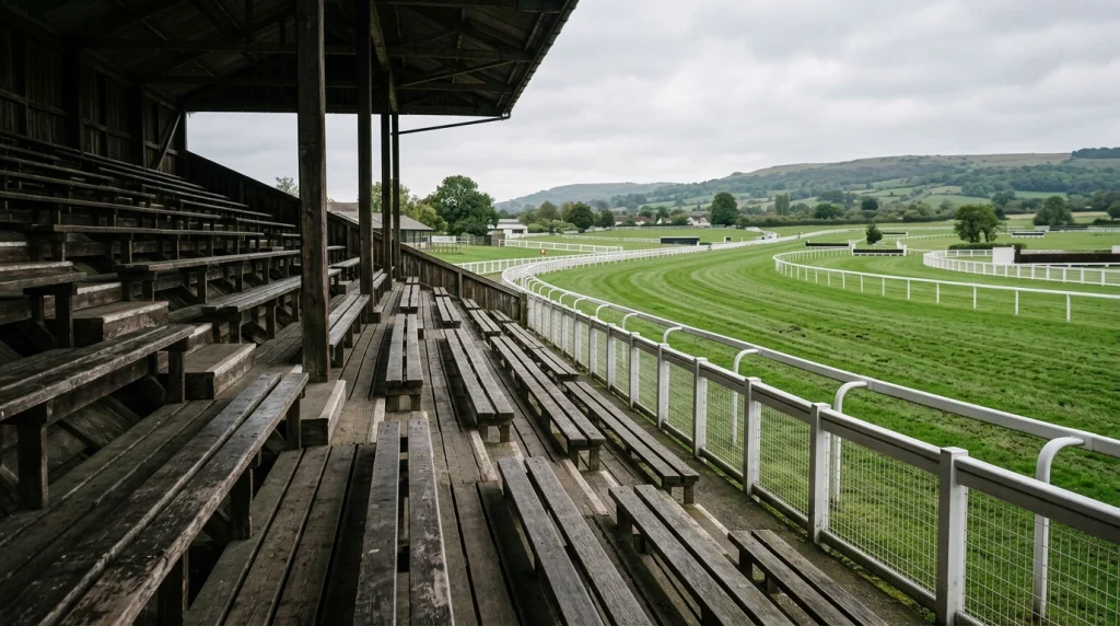 Empty racecourse stand seats facing the running rail at a quiet UK race meeting