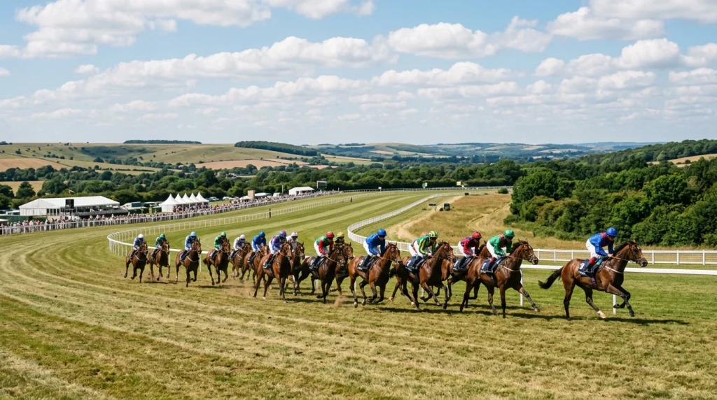 Wide field of thoroughbred racehorses in mid-race on the downs course at Goodwood during the summer festival