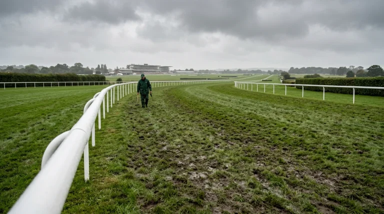 Wet turf running surface at a British racecourse with white rail and groundskeeper in the distance