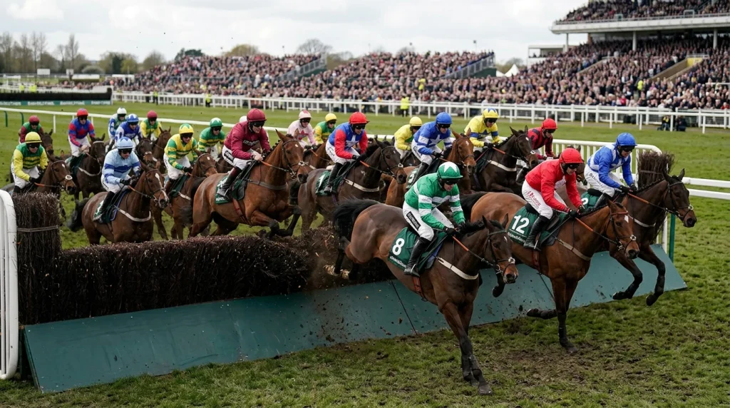 Aintree Grand National field approaching Bechers Brook with crowd in the distance