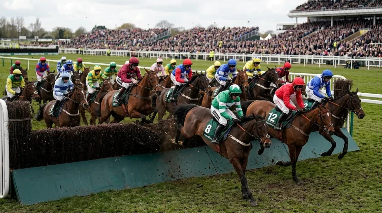 Aintree Grand National field approaching Bechers Brook with crowd in the distance