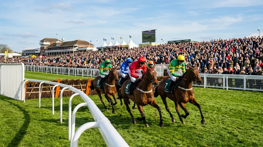A crowded racecourse grandstand on a sunny day with the parade ring and betting boards visible in the foreground