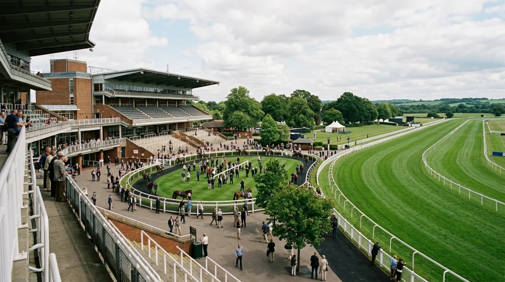 Aerial-angle view of a UK racecourse with grandstand, parade ring and racing surface visible