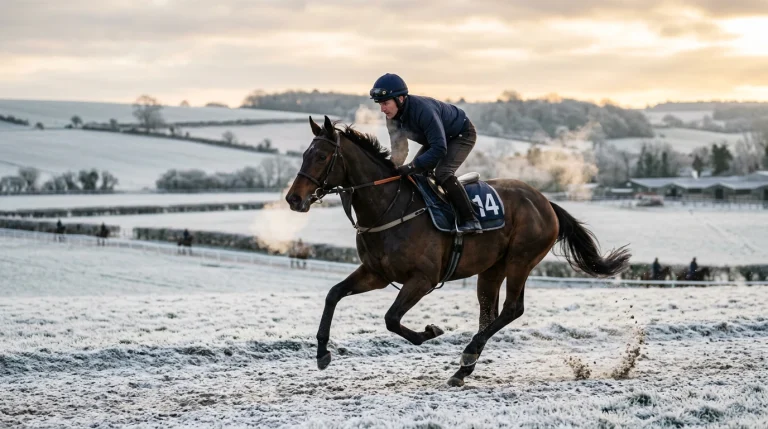 Thoroughbred racehorse on the gallops at Lambourn during a winter morning training session
