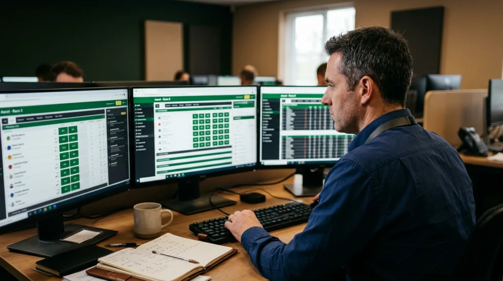 A trader desk monitoring a flagged high-roller horse racing account in a UK bookmaker office