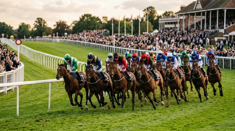 Pack of thoroughbred racehorses turning into the home straight at a UK racecourse