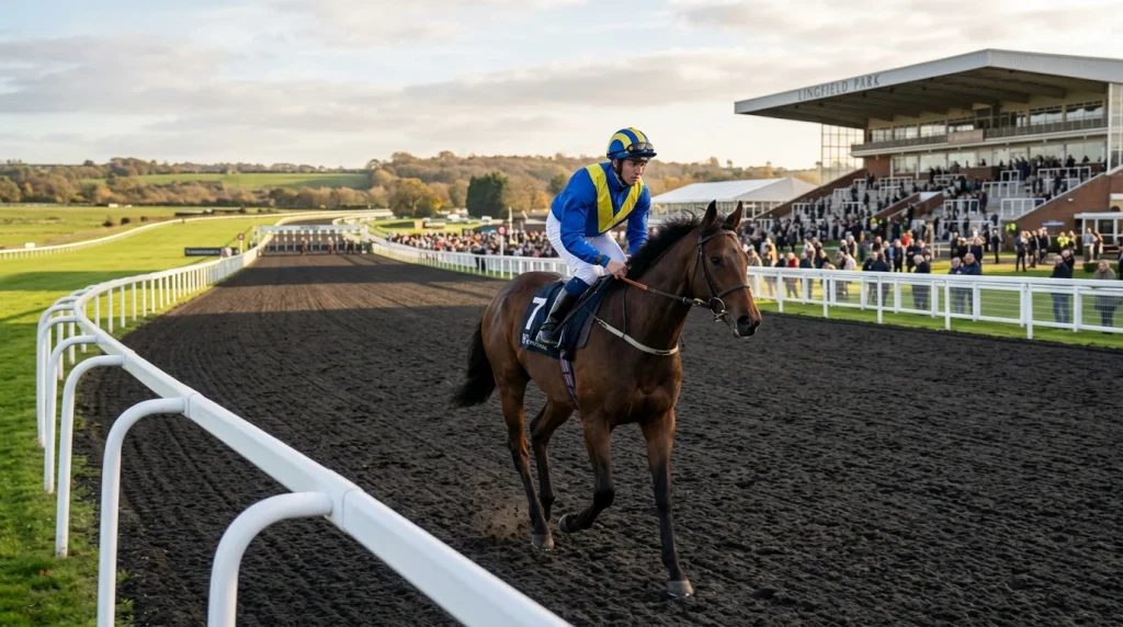 Bay racehorse and jockey cantering to post on the all-weather track at Lingfield Park