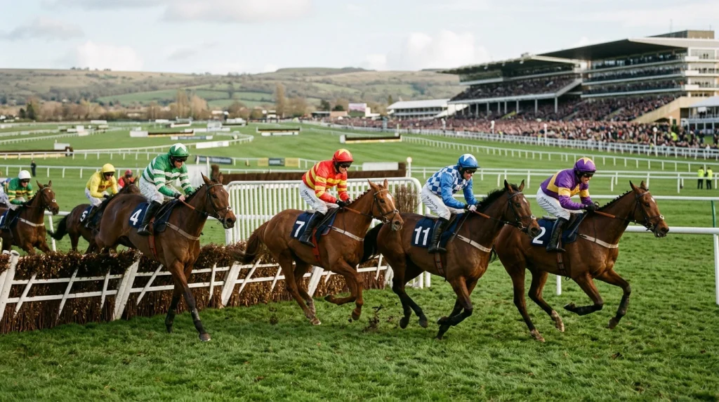 Cheltenham Festival jumps fence with horses approaching during a hurdle race on the New Course