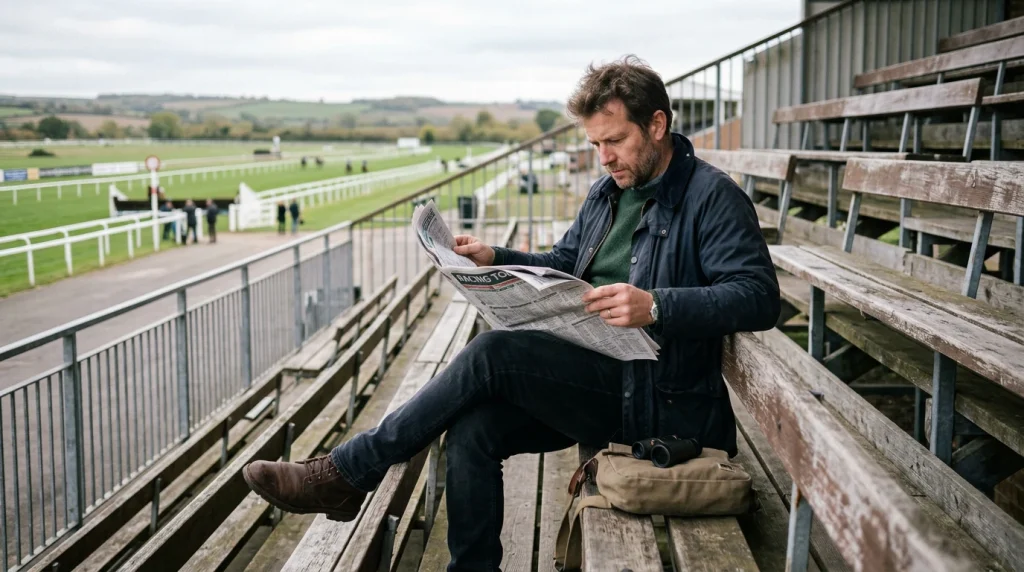 Punter studying the form pages of a racing newspaper at a quiet British racecourse stand
