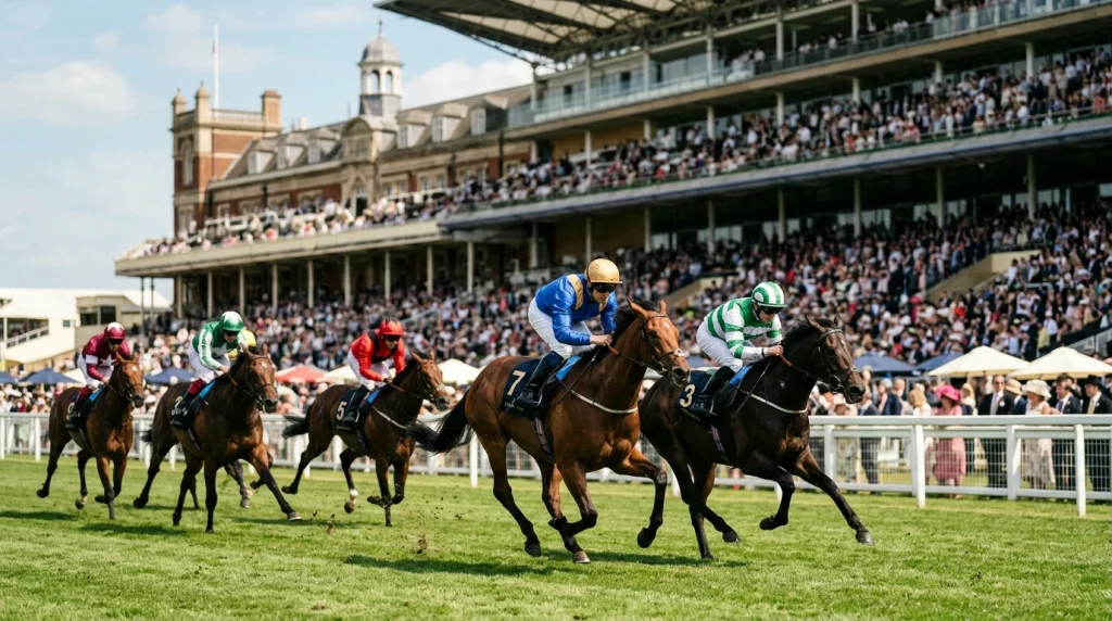 Royal Ascot Gold Cup day with thoroughbred racehorses passing the grandstand in mid-race