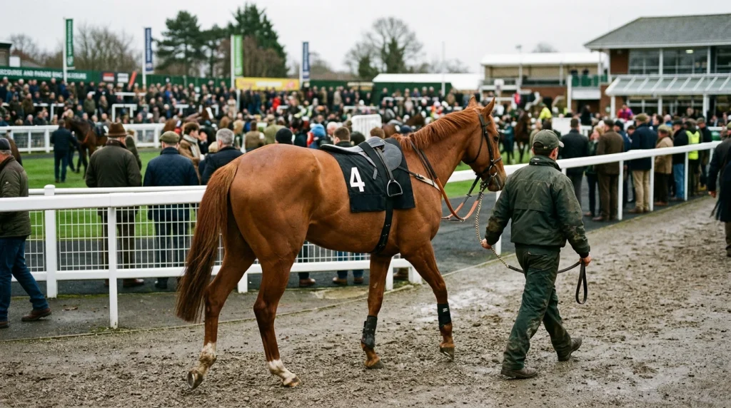 Saddled racehorse being led away from the parade ring after a late withdrawal at a British racecourse