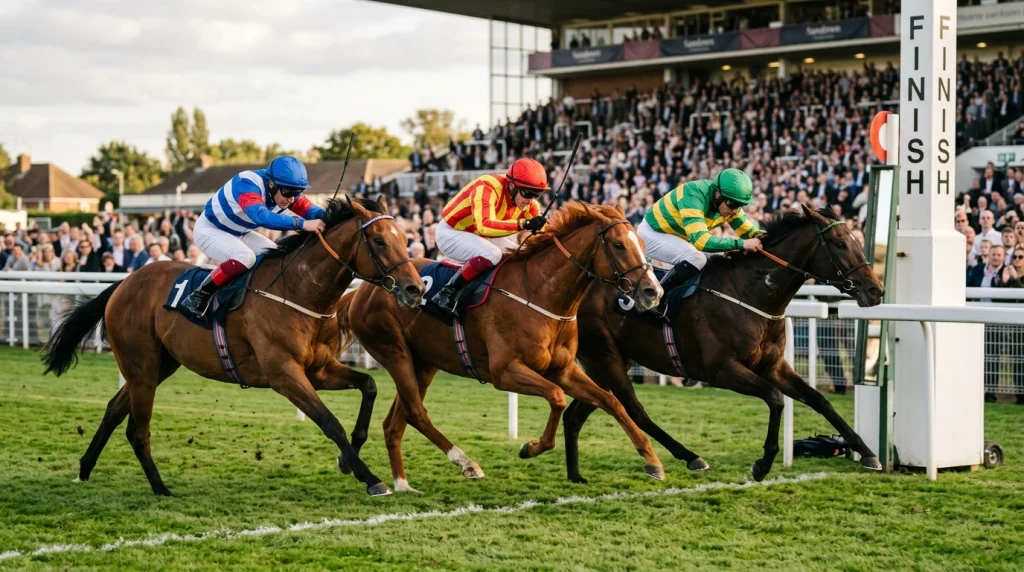 Thoroughbred racehorses in close finish across the line at Sandown Park racecourse