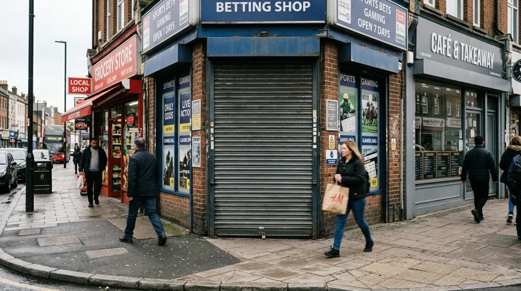 Closed shutter on a UK high-street betting shop entrance during the day