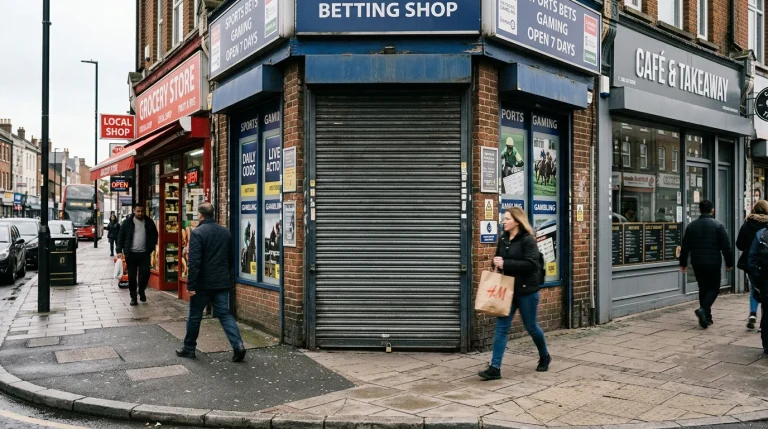Closed shutter on a UK high-street betting shop entrance during the day