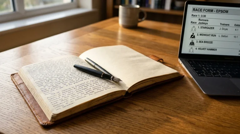 An open leather-bound notebook with handwritten bankroll notes next to a laptop displaying horse racing form pages on a wooden desk