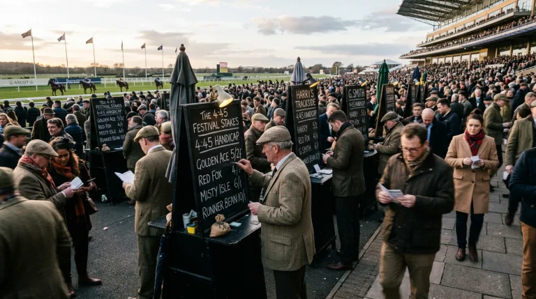 Racecourse betting ring with bookmakers at their boards in the minutes before the off