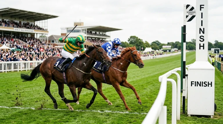 Race-winner photo finish on the Newmarket Rowley Mile with the winning post in clear view