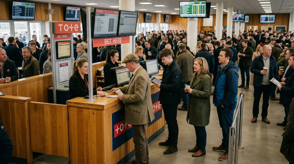 Tote betting kiosk at a UK racecourse with punters queueing to place pool bets