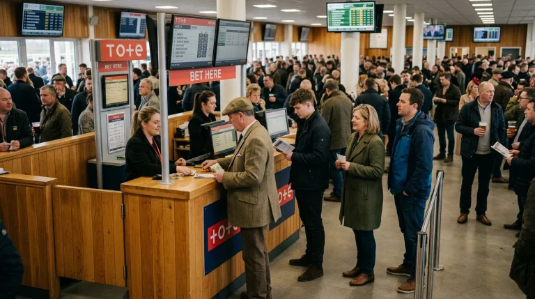 Tote betting kiosk at a UK racecourse with punters queueing to place pool bets