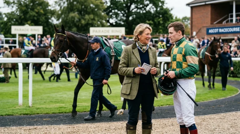 Racehorse trainer and jockey conferring in the parade ring before a UK race