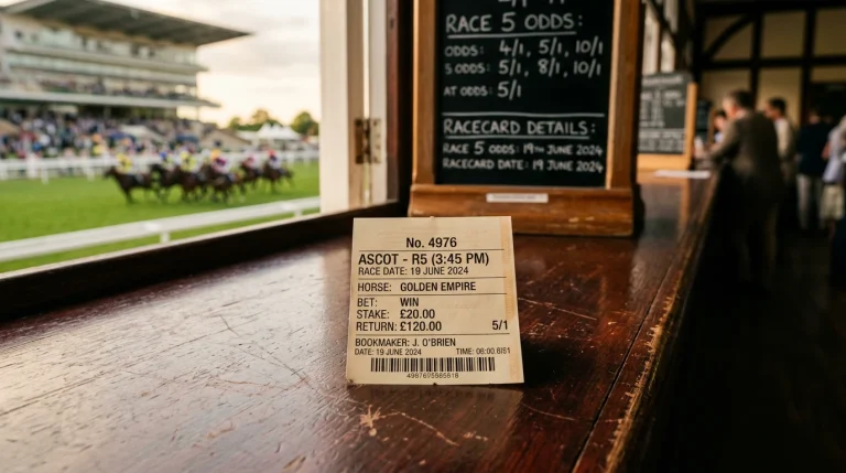 A betting slip on a wooden desk showing a five-figure stake, with a racecourse silhouette in the background