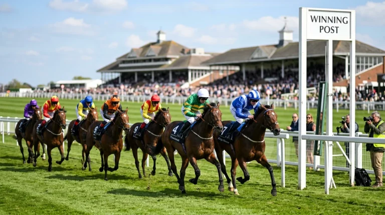 Thoroughbred racehorses passing the winning post at Newmarket on a bright spring afternoon