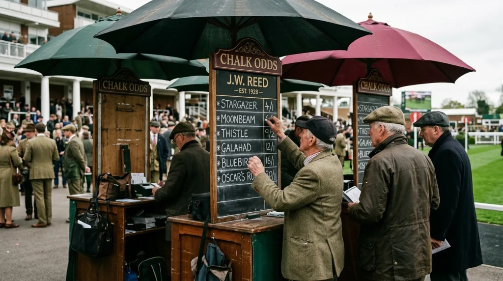 On-course bookmakers' betting ring at a UK racecourse with chalk-marked odds boards before the off
