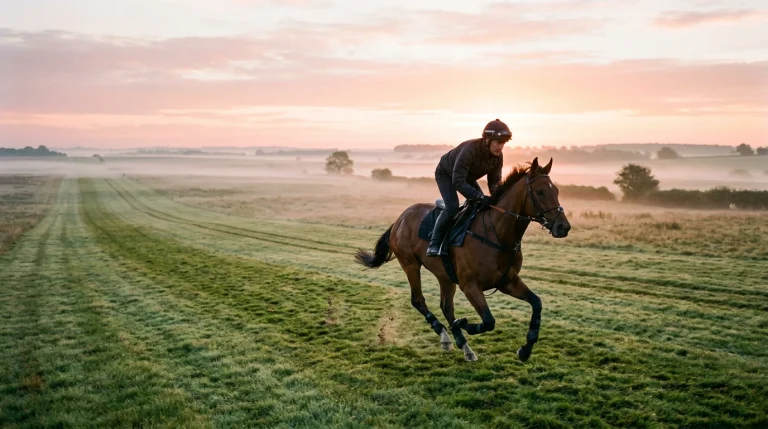 Lone thoroughbred racehorse on the gallops at Newmarket Heath in the early morning