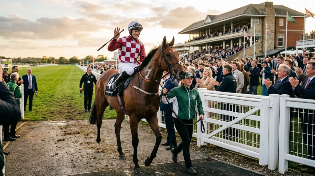 Winning thoroughbred racehorse being led into the unsaddling enclosure at a UK racecourse